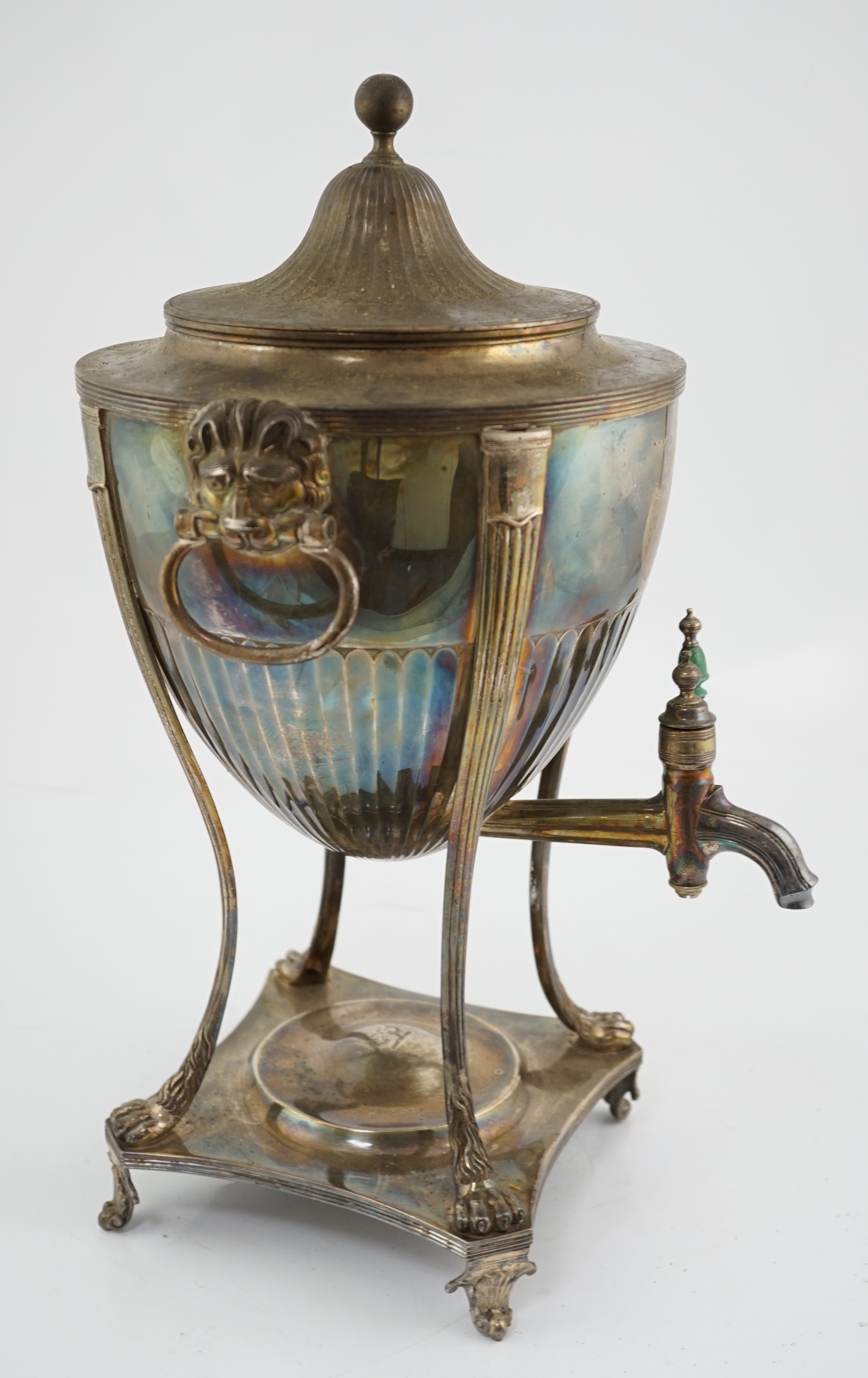 A George III demi-fluted silver tea urn and cover, by John Scofield